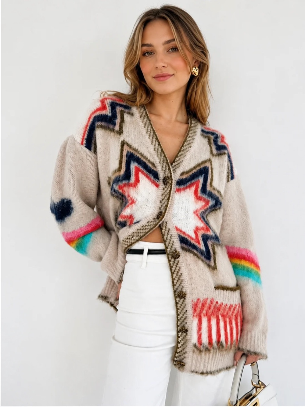 Commense Cozy Star-Pattern Beige Cardigan Sweater with Rainbow Accents Large